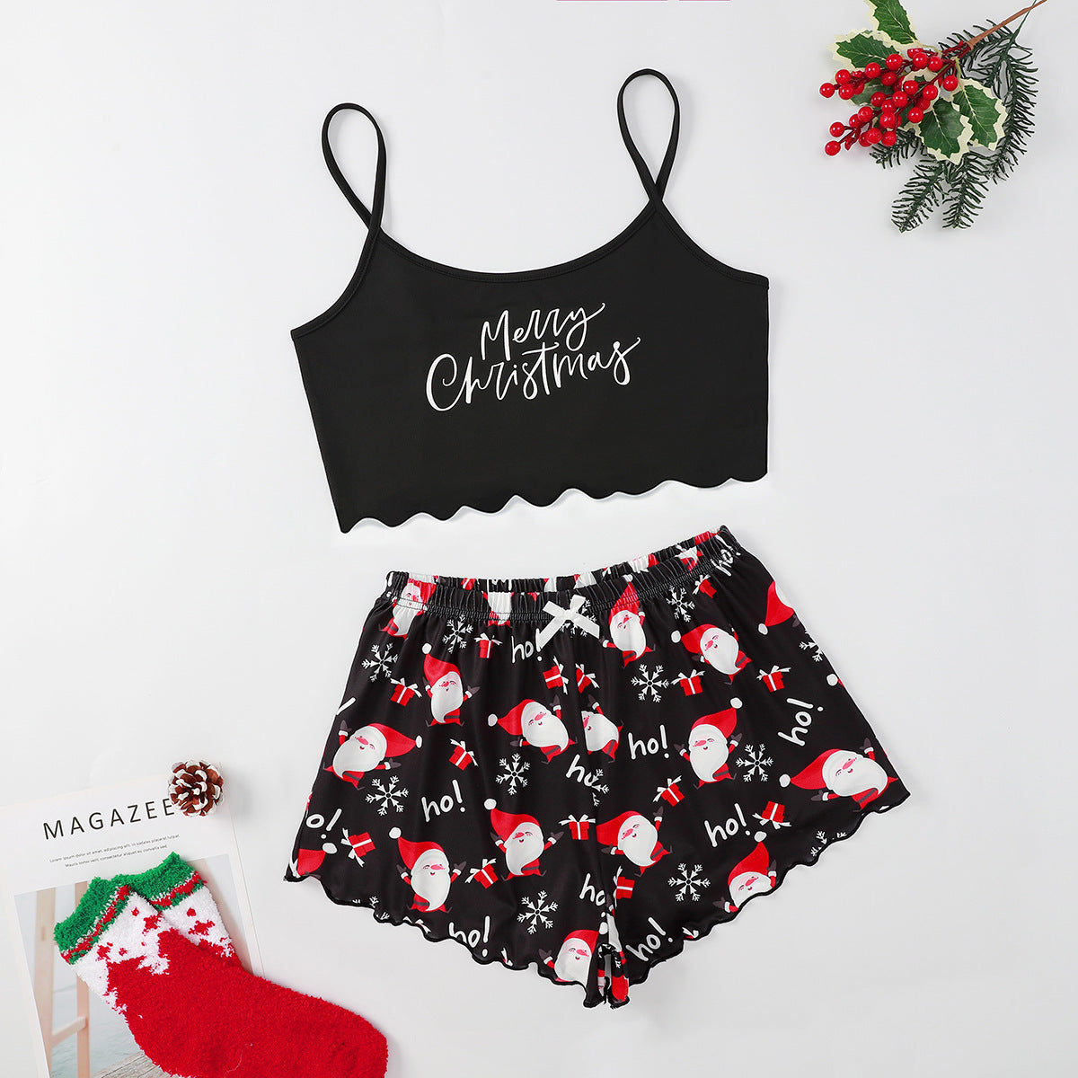 Schattige tweedelige tweedelige kerstpajama voor dames Pyjama Crop Top en Shorts Set