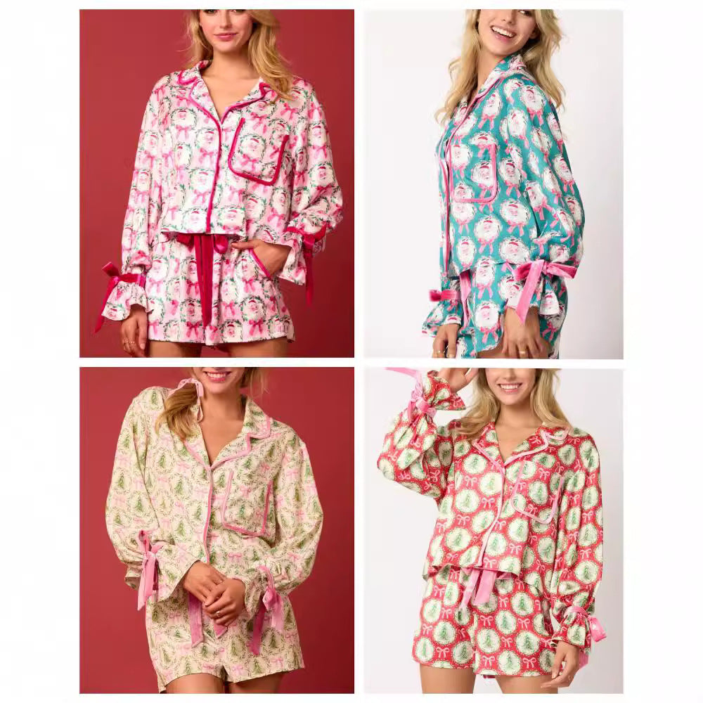 Women's Long Sleeve and Shorts Silky Christmas Pajamas