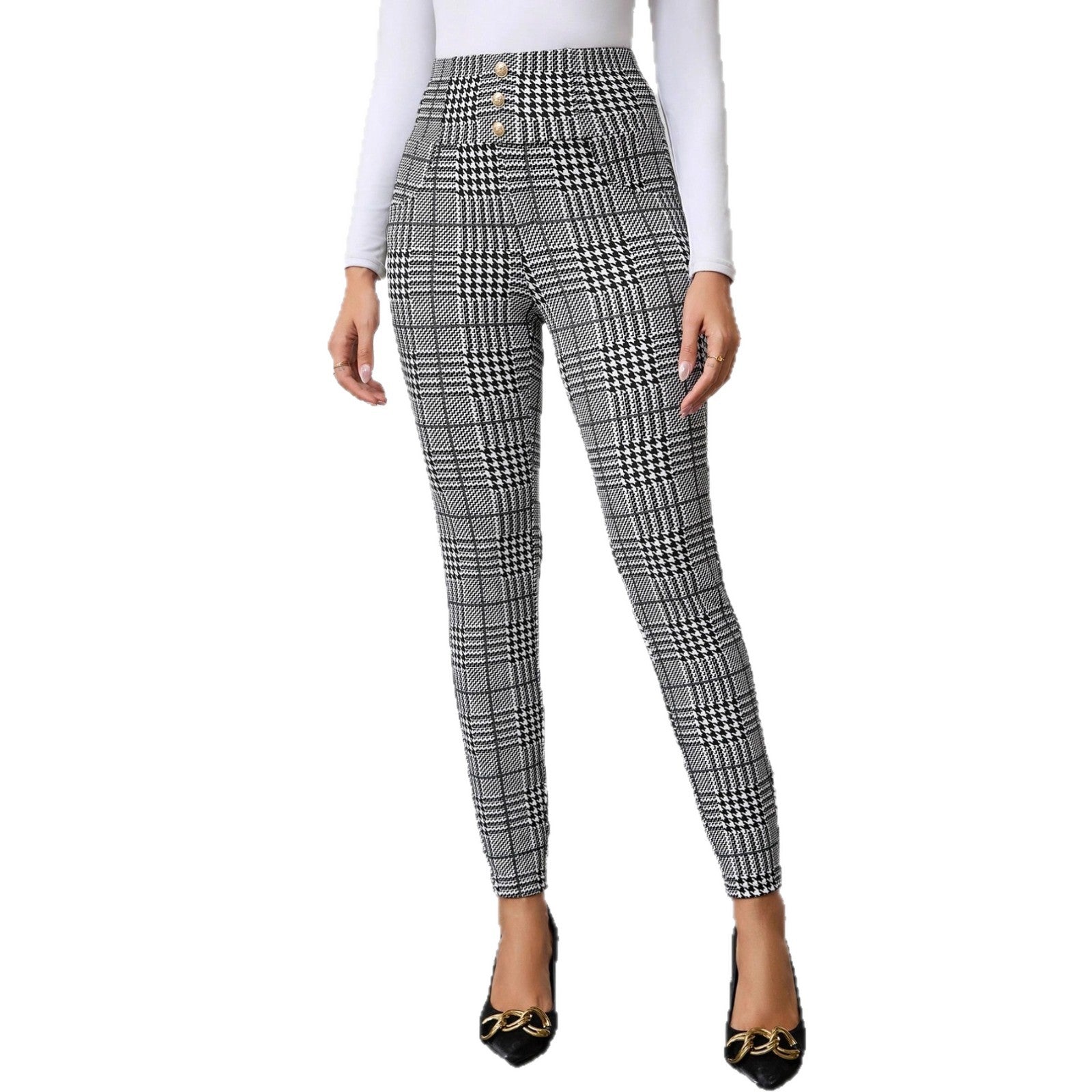 Women's Check Print Button Embellished High-waist Slim-fit Knit Pants