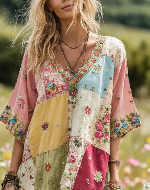 Retro Color-blocked Casual V-neck Mid-sleeve Top