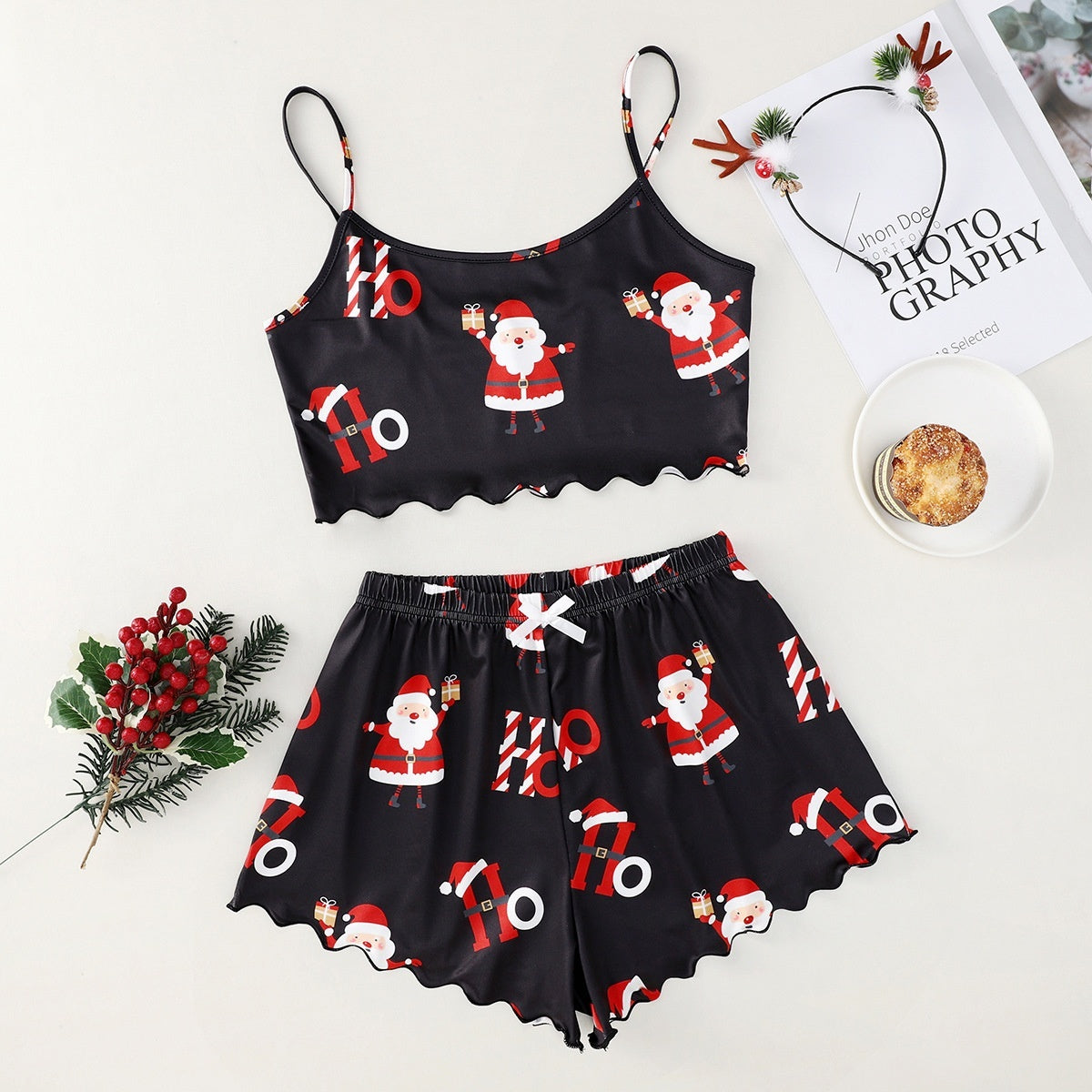 Schattige tweedelige tweedelige kerstpajama voor dames Pyjama Crop Top en Shorts Set