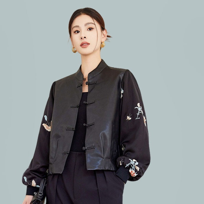 Black Retro Stitching Short Leather Coat For Women