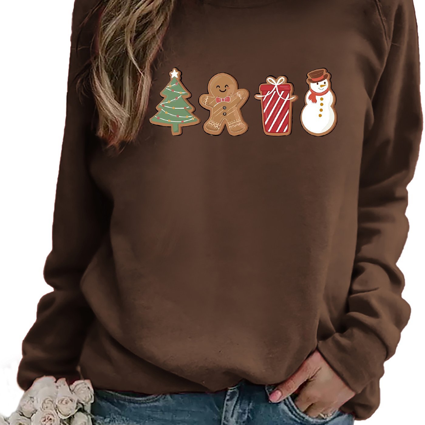 Snowman And Gingerbread Man Printed Sweater Comfortable And Casual