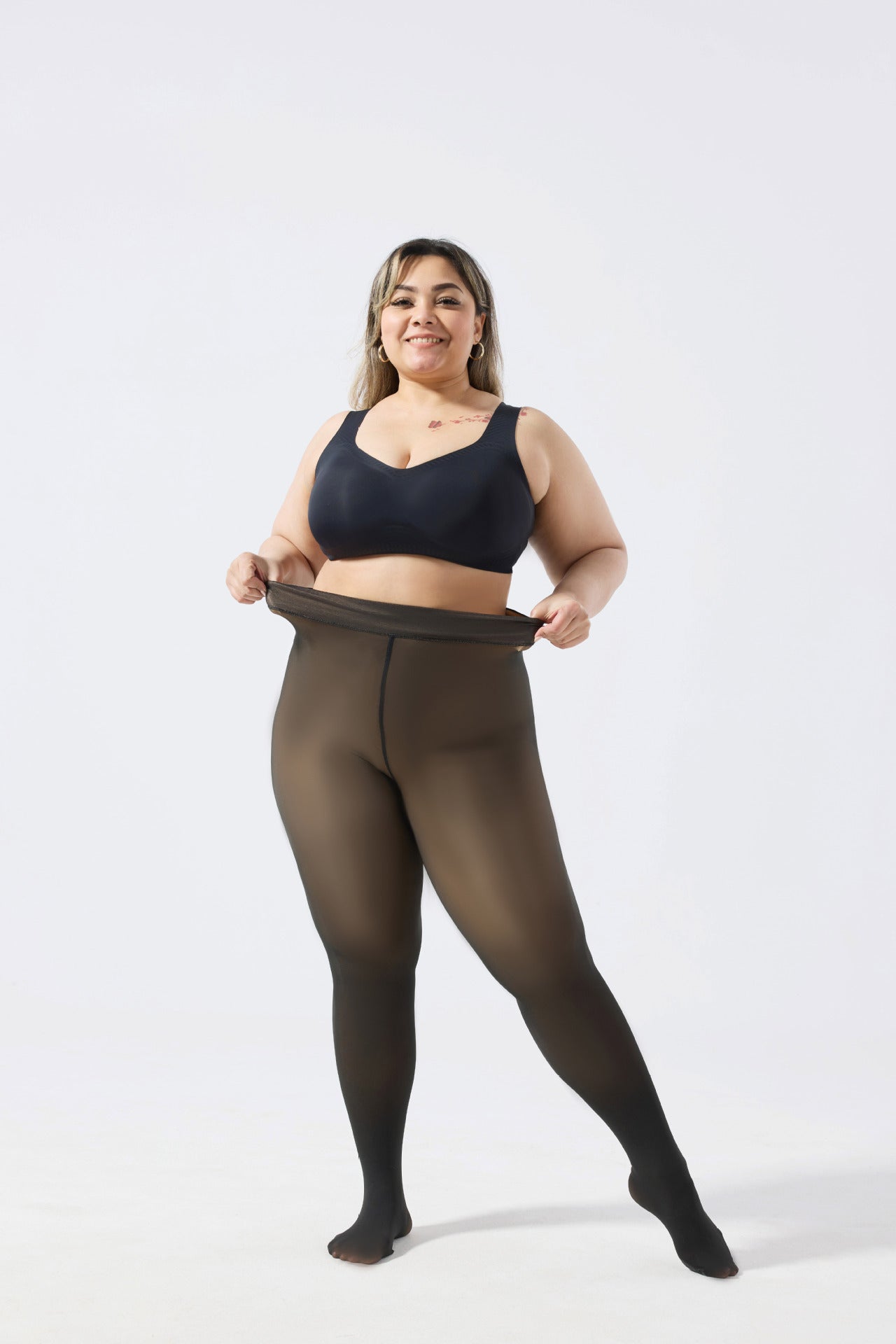 Plus-size Black Sheer Fleece-lined Leggings