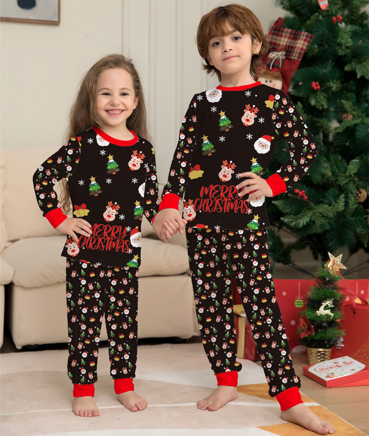 Cute Merry Christmas Red and Black Matching Family Pajama Set