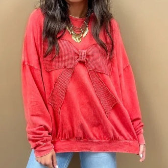 Women's Long-sleeve Crew-neck Loose-fit Hoodie With Bow Detail