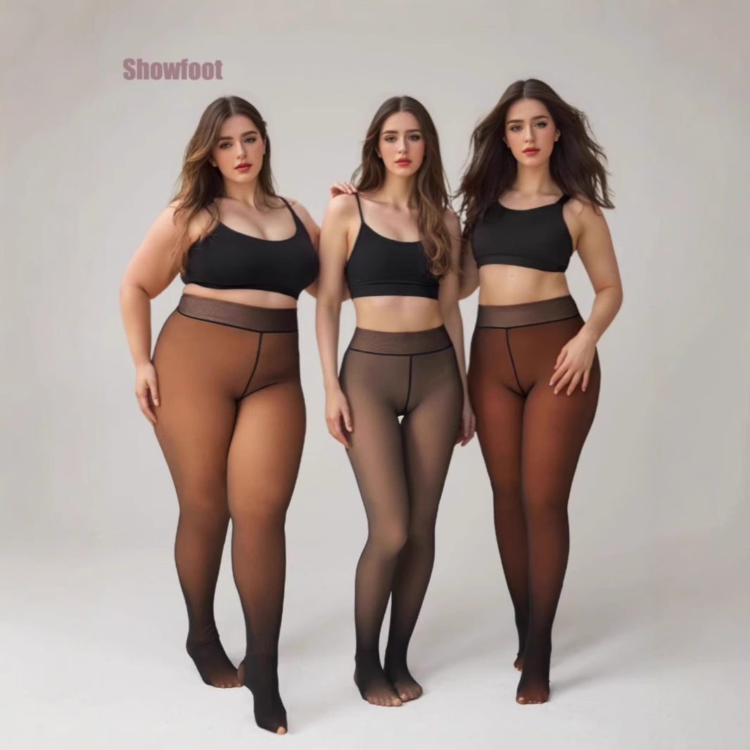 Plus-size Black Sheer Fleece-lined Leggings