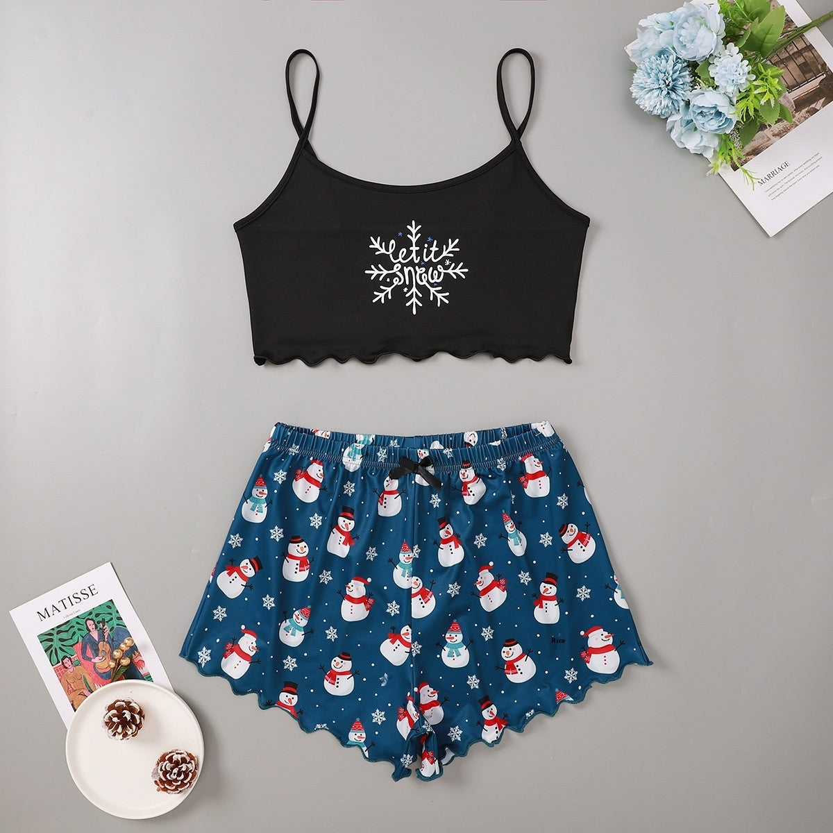 Schattige tweedelige tweedelige kerstpajama voor dames Pyjama Crop Top en Shorts Set