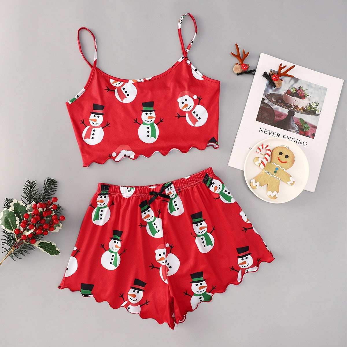 Schattige tweedelige tweedelige kerstpajama voor dames Pyjama Crop Top en Shorts Set