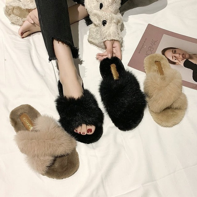 Fuzzy fur crisse kriskros slipperschoenen