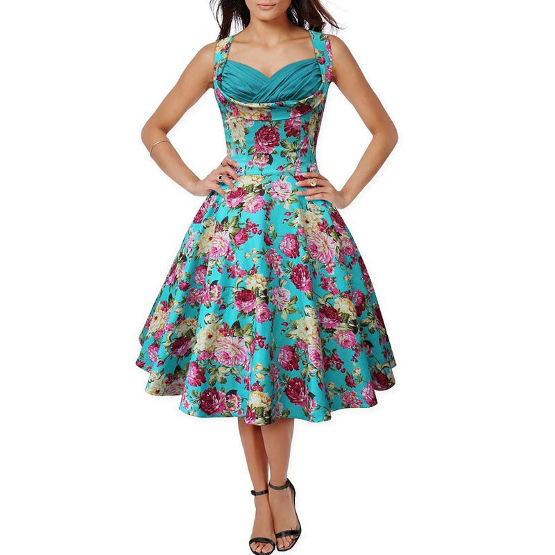 Floral Contrast Pleated Bodice Dress