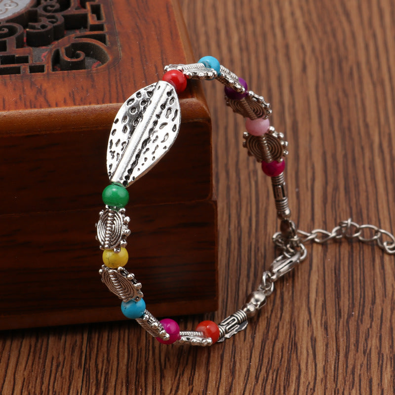 Leaf Charm Multicolored Bead Bracelet