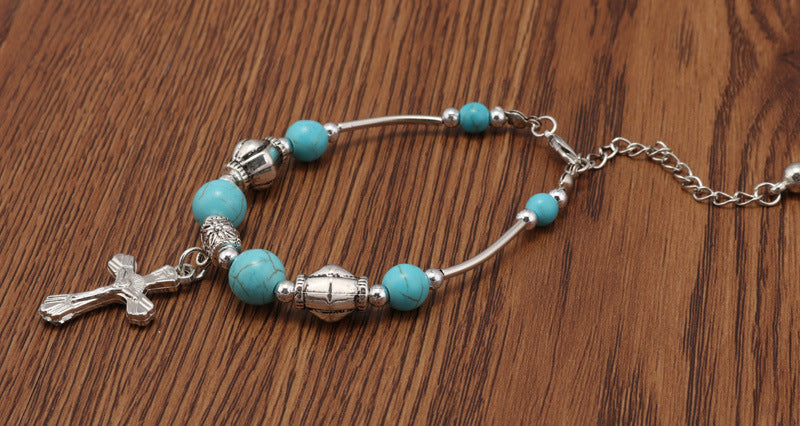 Cross and Turquoise Beaded Bracelet