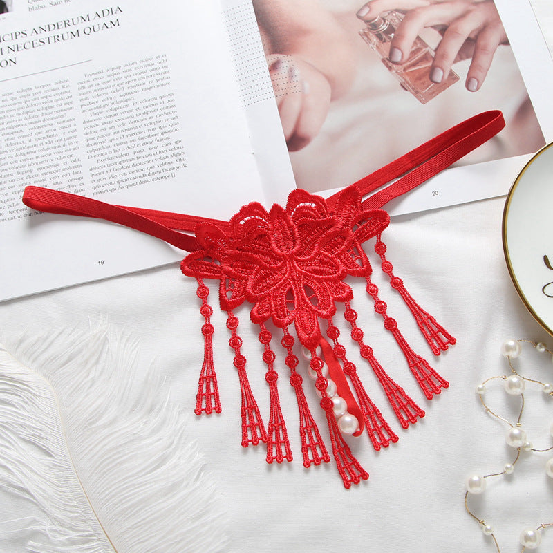 Embroidered Pearls and Tassels Thong - Theone Apparel