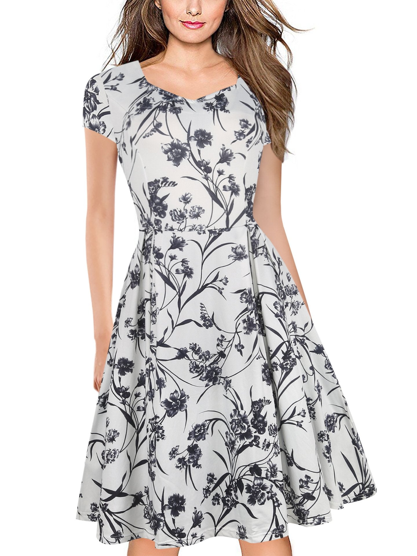 Floral Cap-Sleeve Sweetheart A-Line Dress