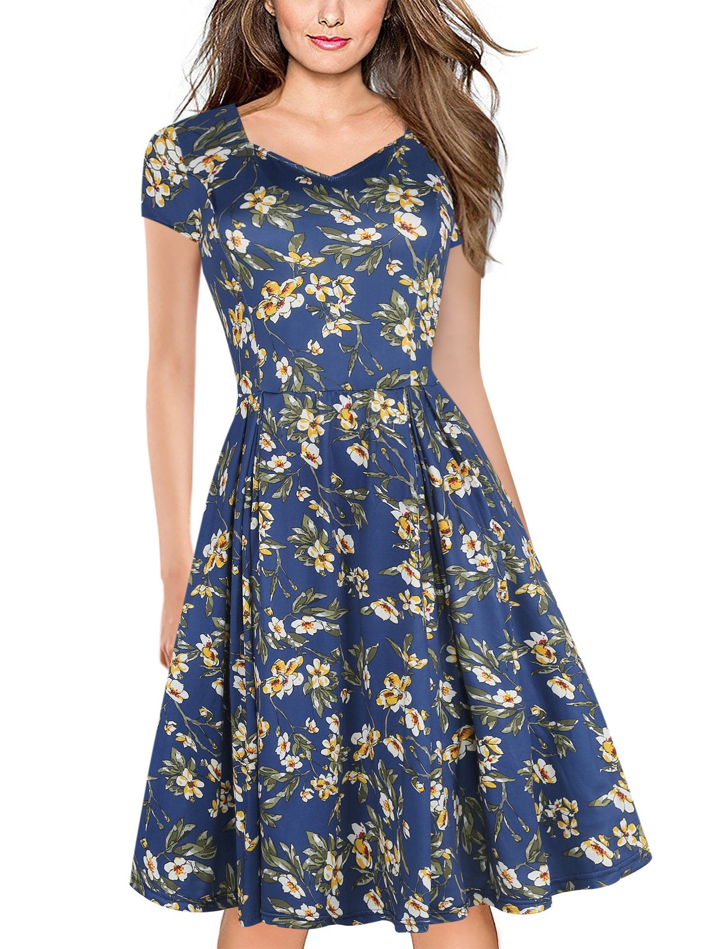 Floral V-Neck Cap-Sleeve A-Line Dress