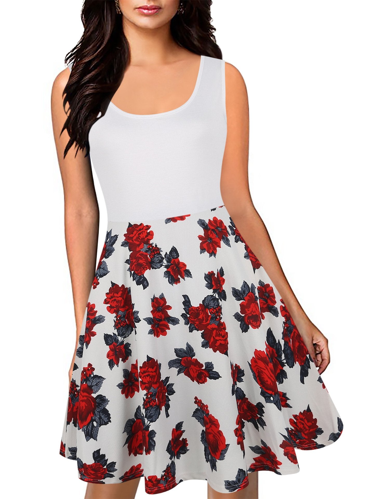 White & Red Roses Blocked Dress