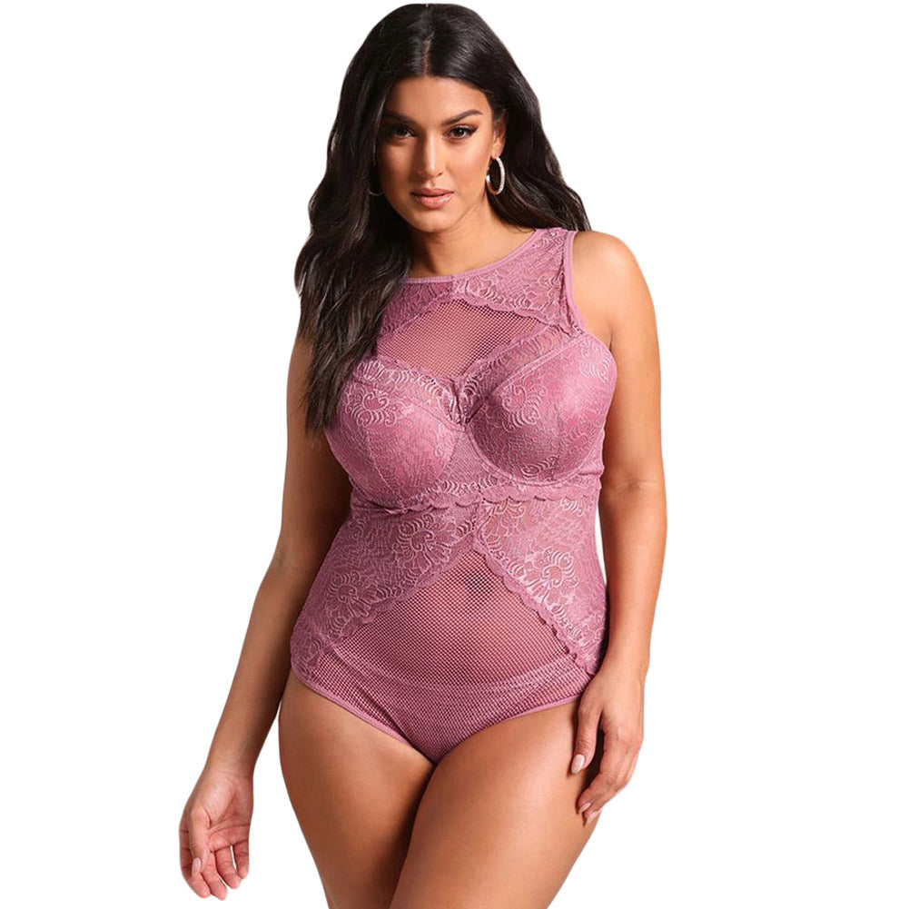 Plus size mesh & kanten teddy romper