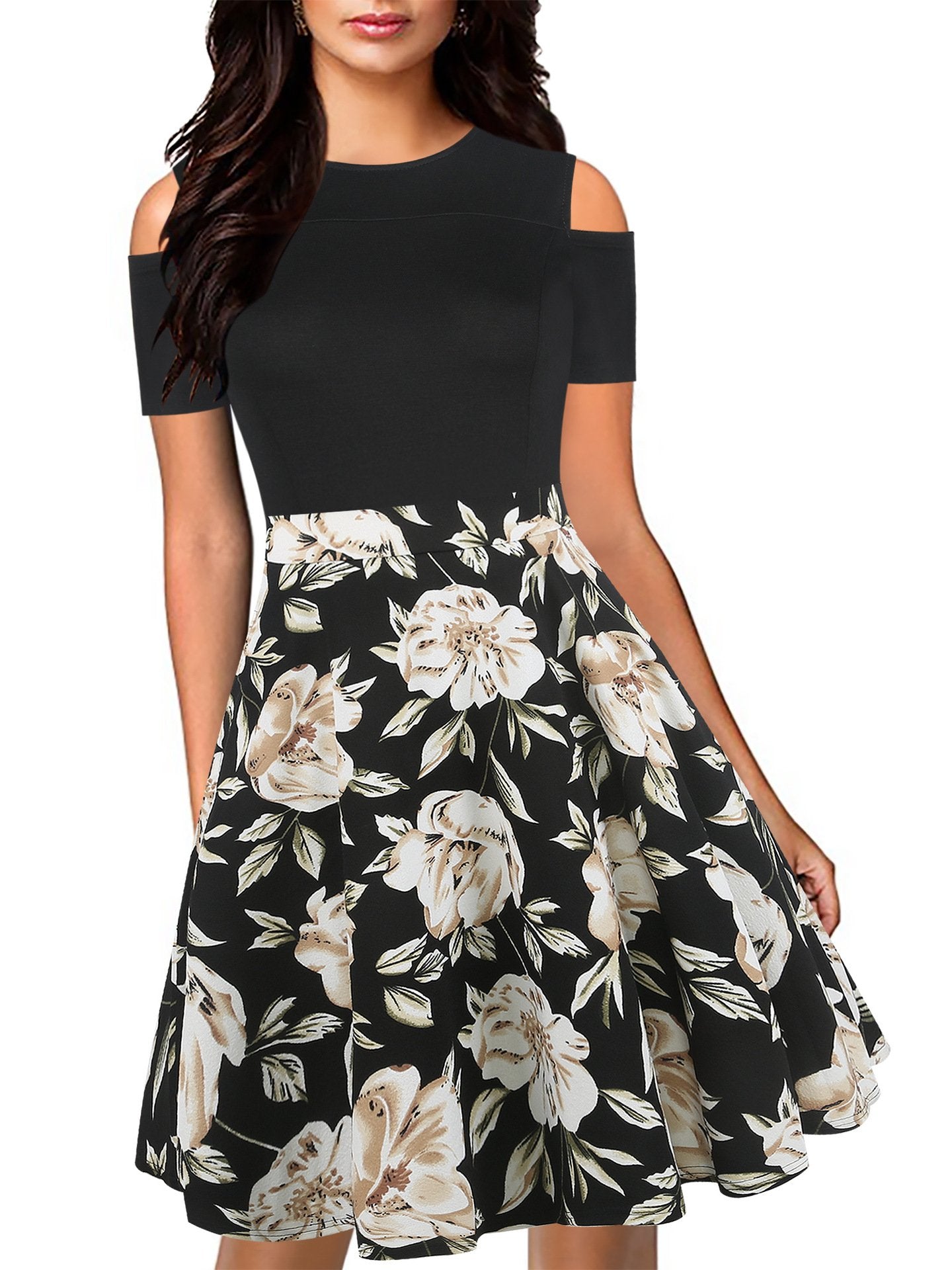 Shoulder-Cutout Printed Skirt A-Line Dress