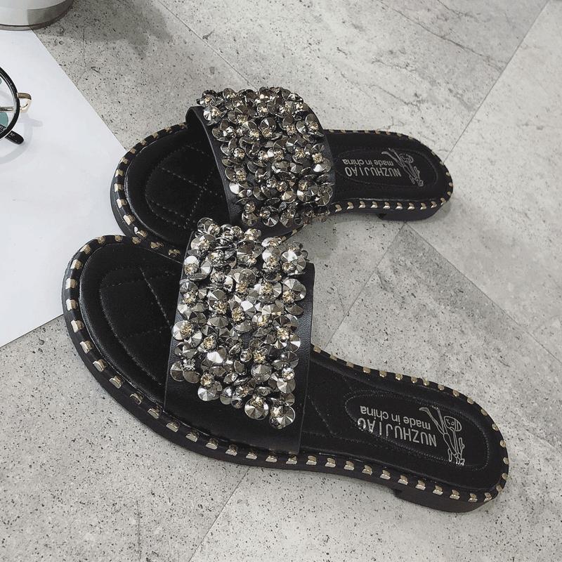 Pearl Encrusted Stud Trim Slippers