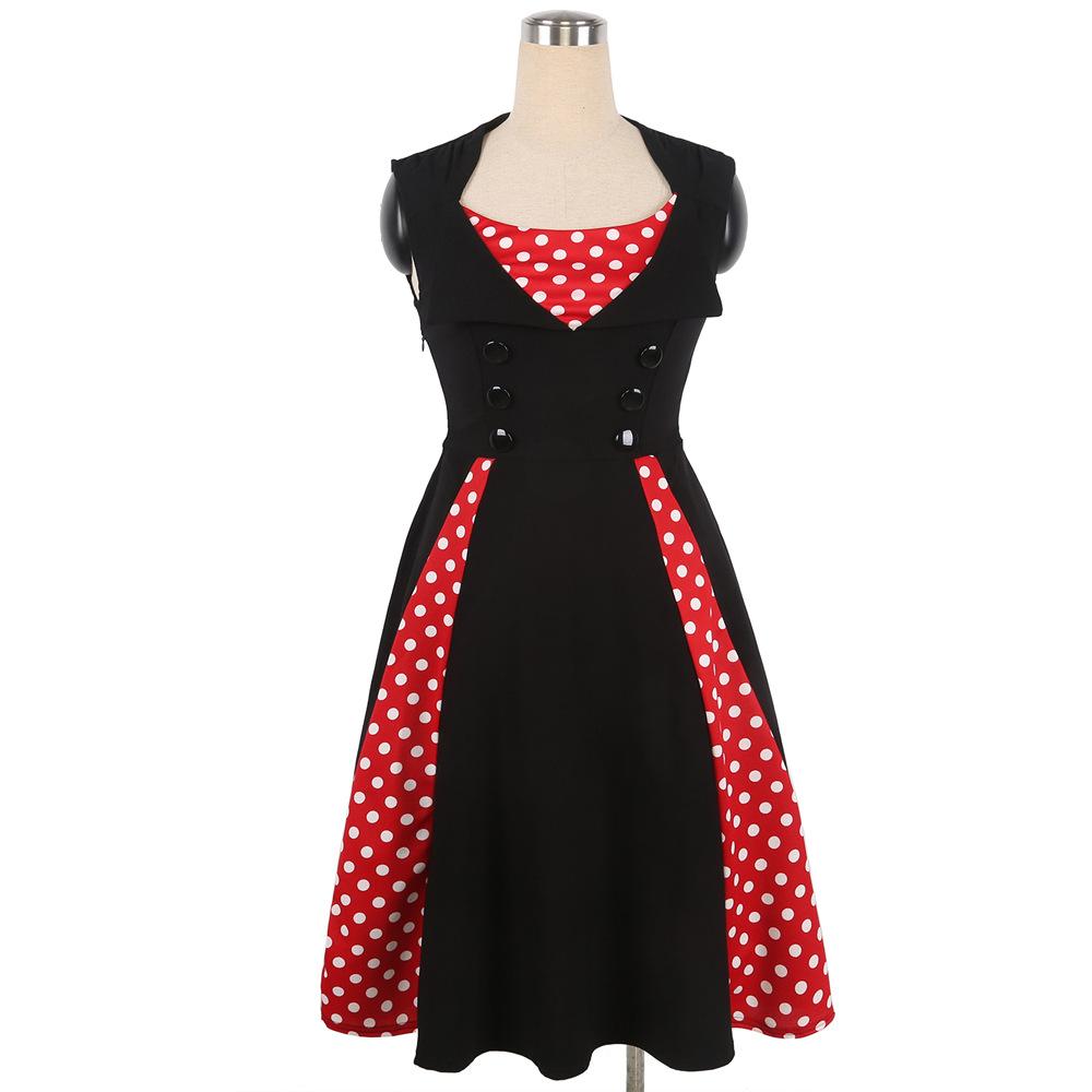 Polka dot contrast-knop-accent mouwloze jurk