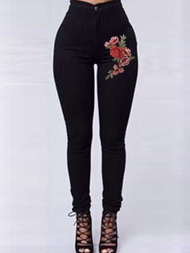 Red Floral Embroidery Skinny Jeans