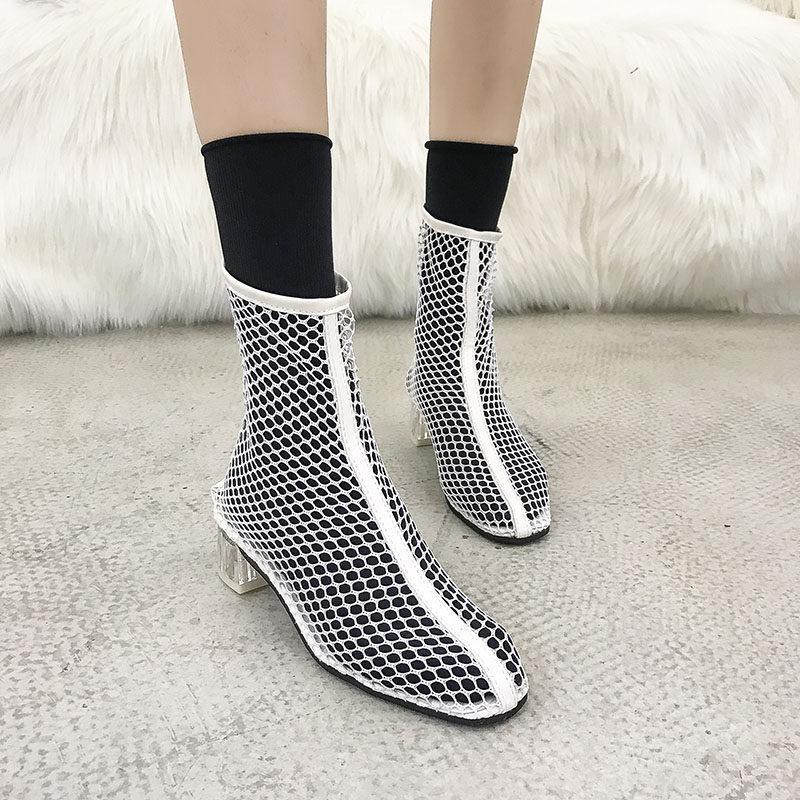 Clear Heel Fishnet Statement Booties - Theone Apparel