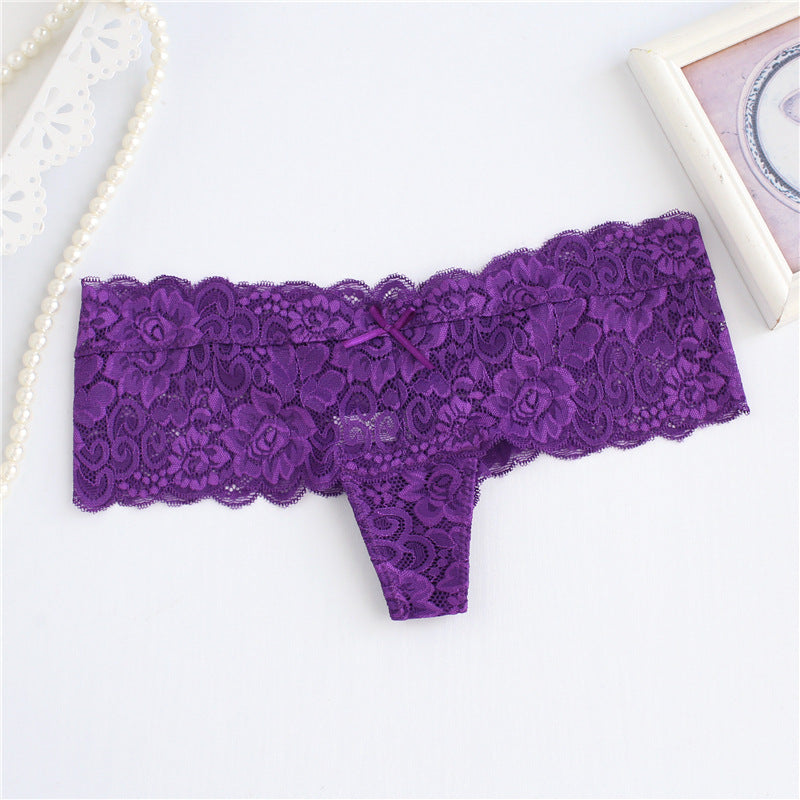 Floral Lace Wide Skirt Thong Panty-Purple-Theone Apparel