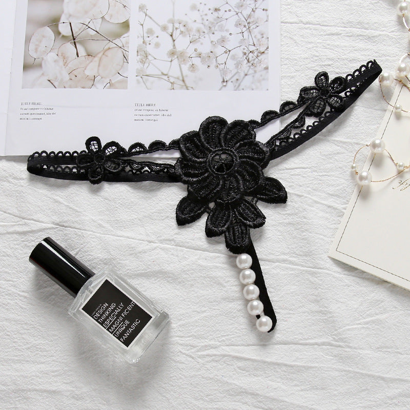 Flower Applique Pearl Strand G String-Black-Theone Apparel
