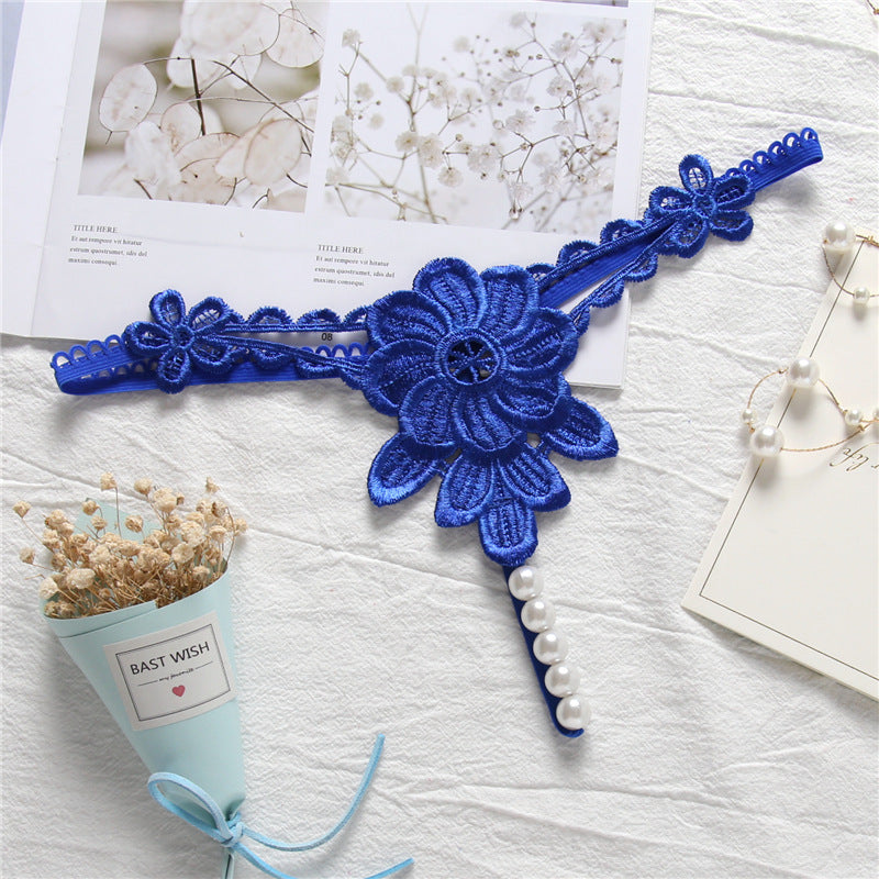 Flower Applique Pearl Strand G String-Blue-Theone Apparel