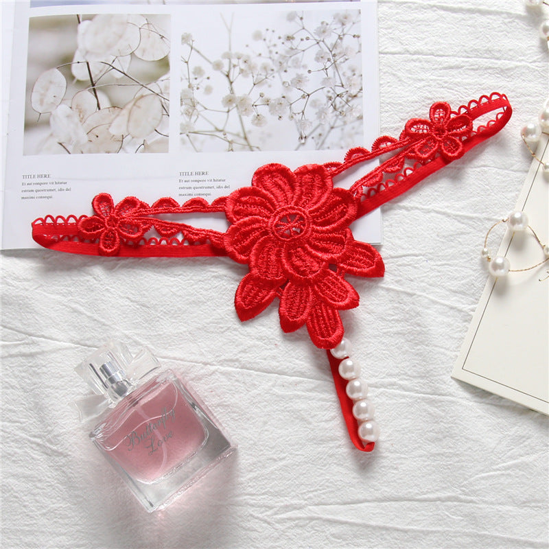 Flower Applique Pearl Strand G String-Red-Theone Apparel
