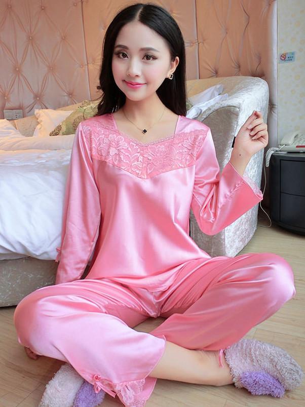 Flower Lace Satin Pajamas Set-Pink-Theone Apparel