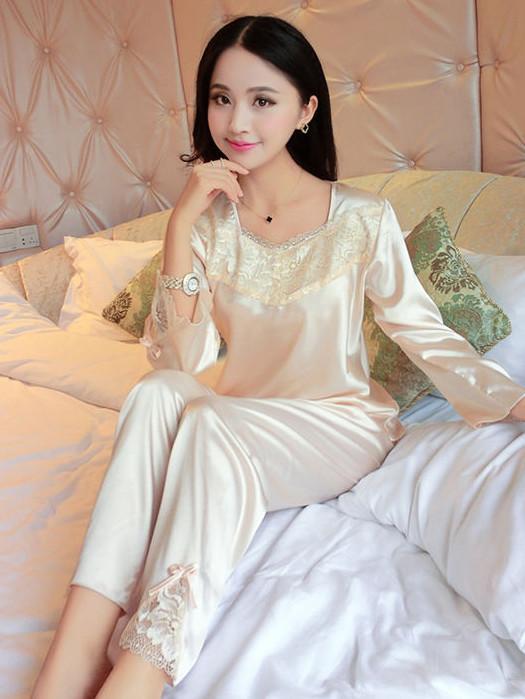 Flower Lace Satin Pajamas Set-White-Theone Apparel