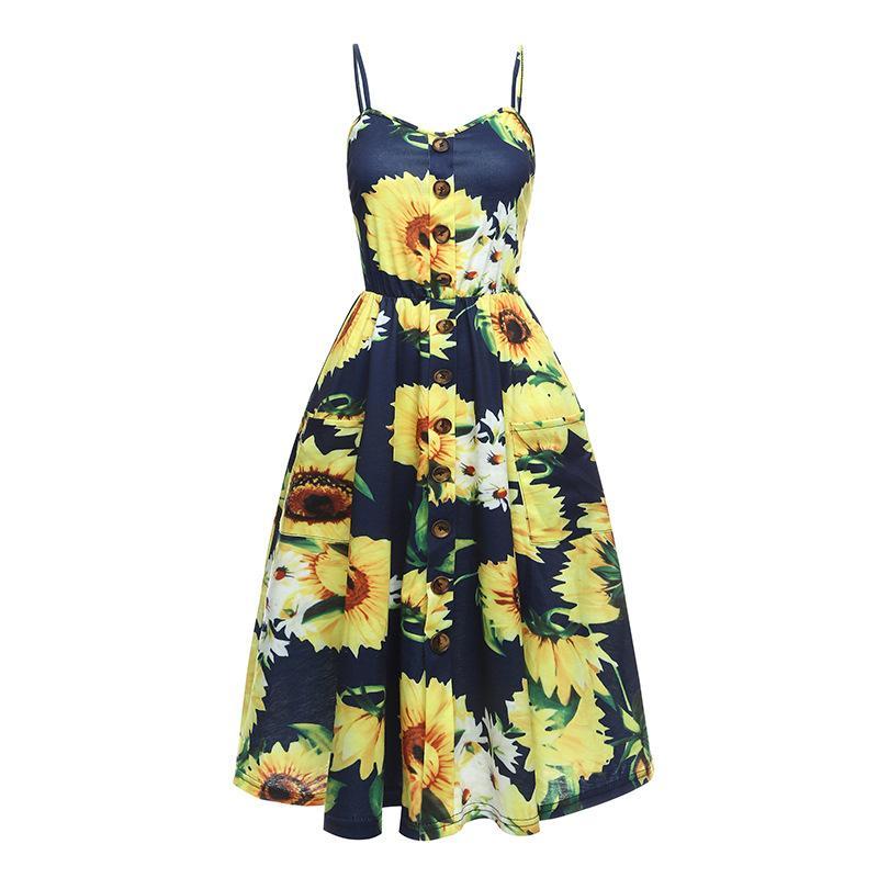 Flower Print Button Up Summer Dress-Black/Yellow-Theone Apparel