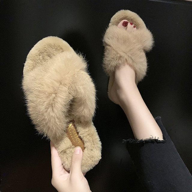 Fuzzy Fur Crisscross Slipper Shoes-Beige-Theone Apparel