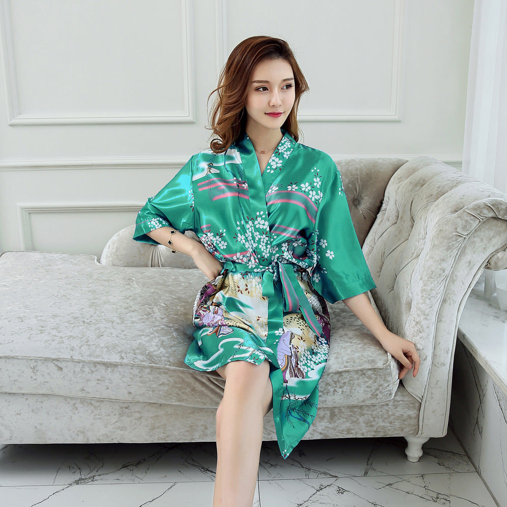 Geisha Art Print Lingerie Robe-Green-Theone Apparel