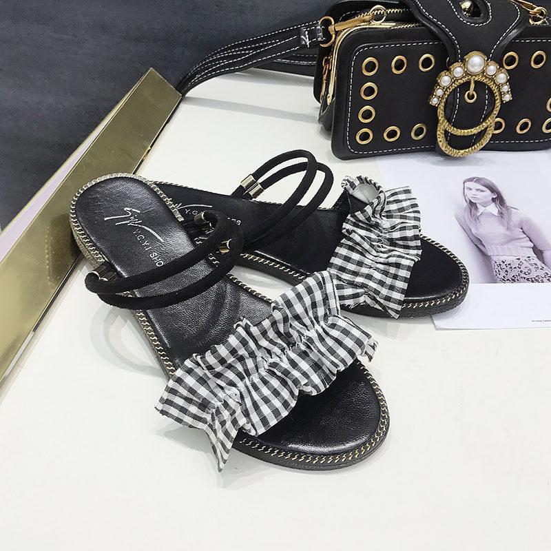 Gingham Print Ruffle Strap Flats-Black-Theone Apparel