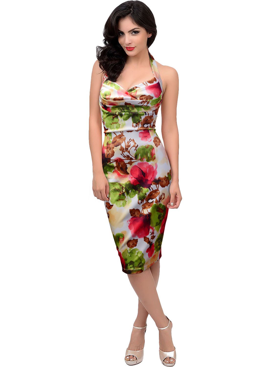 Floral Pleated Bodice Halter Dress