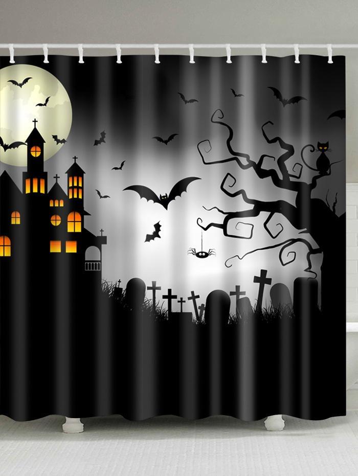 Halloween Castle And Cemetery Shower Curtain-Black-Theone Apparel