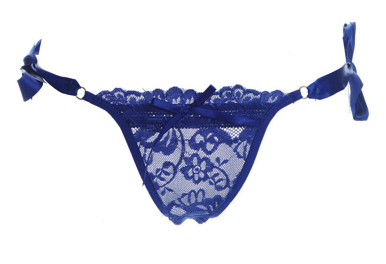 Hip Tie Ribbon Lacy Thong Underwear-Blue-Theone Apparel