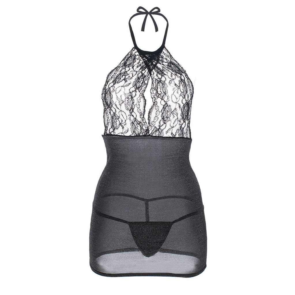 Lace Keyhole Halter G String Lingerie Set