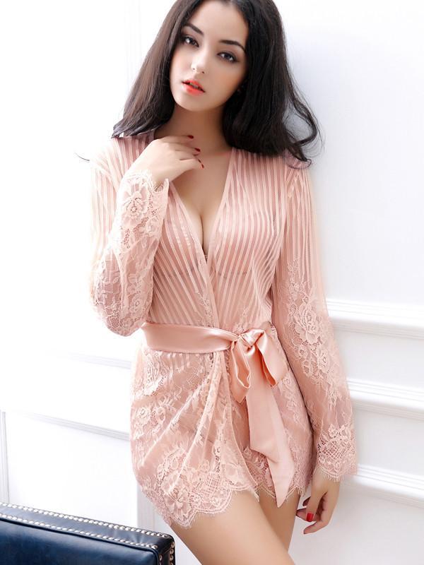 Lace & Stripes Lingerie Robe Set-Pink-Theone Apparel