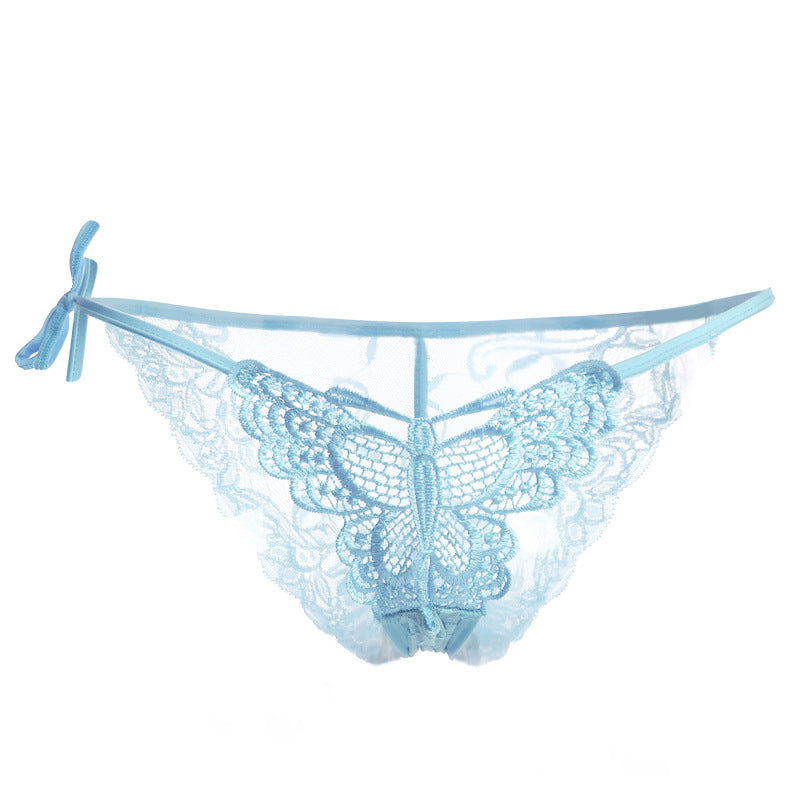 Lacy Embroidered Butterfly Tie Panty-Light Blue-Theone Apparel