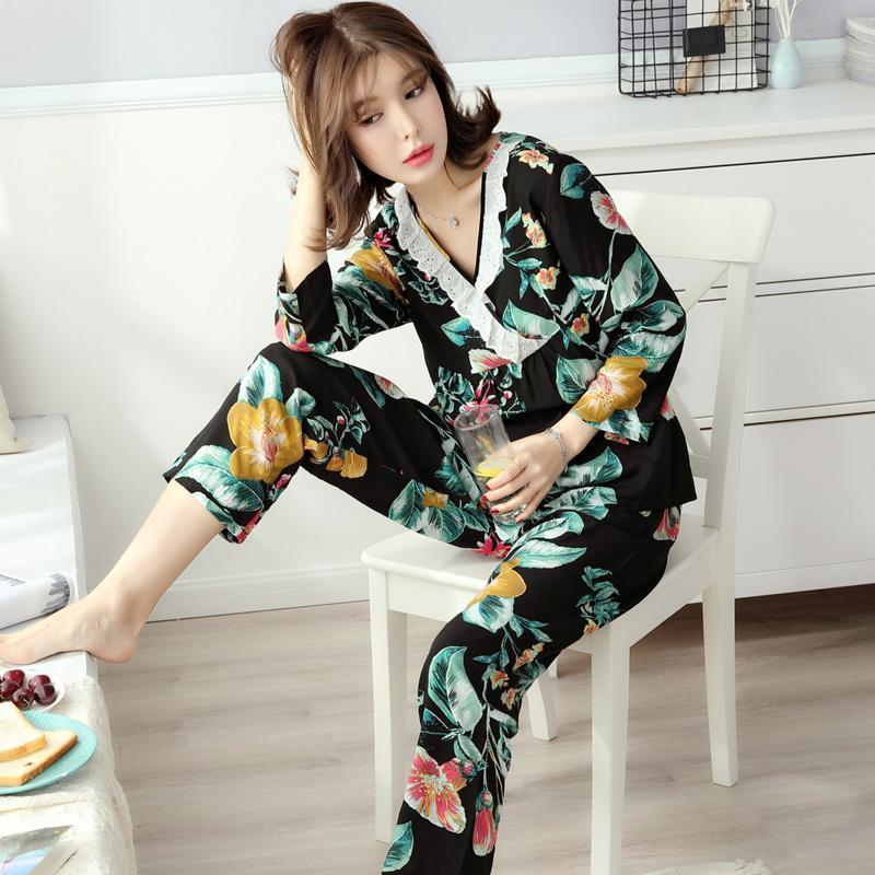 Lacy Tropical Floral Sleepwear Set-Black-Theone Apparel