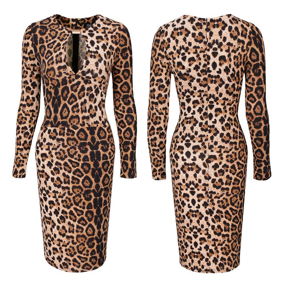 Leopard Print Keyhole Sweater Dress-Leopard-Theone Apparel