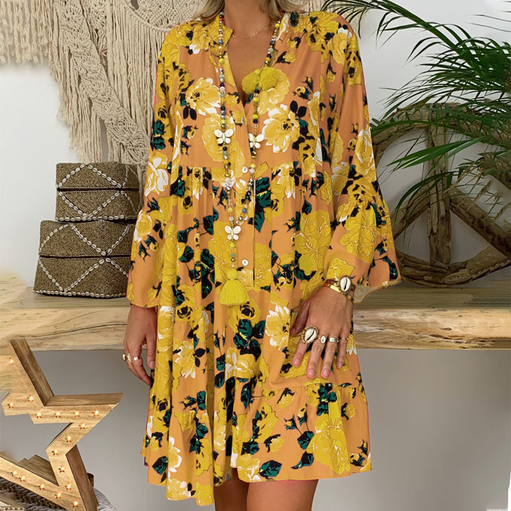Long Sleeve Loose Fitting V-Neck Floral Dress-Yellow-Theone Apparel