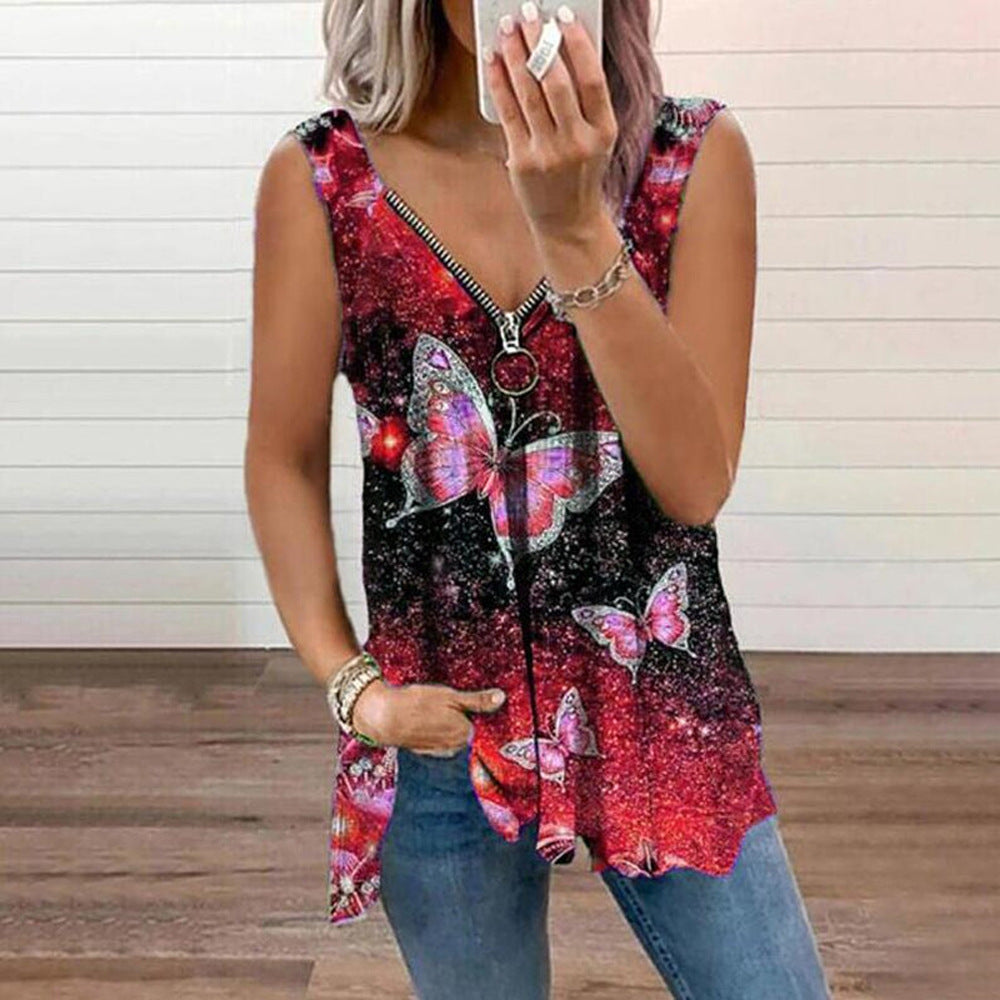 Loose Fitting Sleeveless V-Neck Tank Top Butterfly Blouse-Red-Theone Apparel