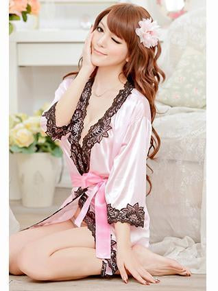 Lotus Lace Silky Lingerie Robe-Pink-Theone Apparel