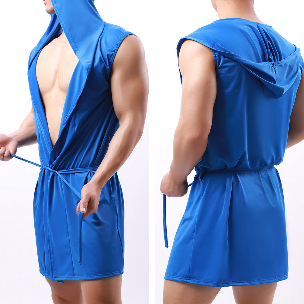 Mens Sexy Sleeveless Hooded Robe-Blue-Theone Apparel