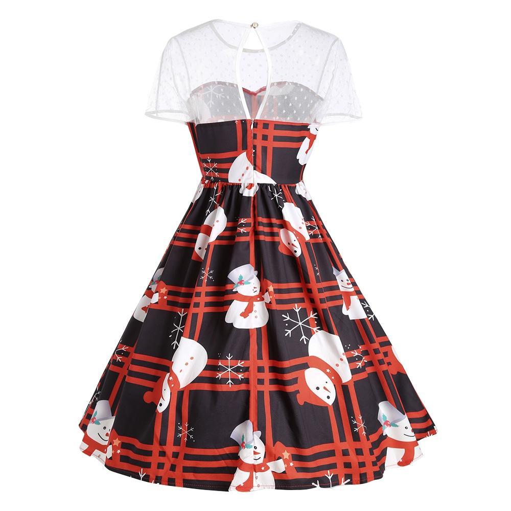 Mesh Panel Plaid Snowman Dress